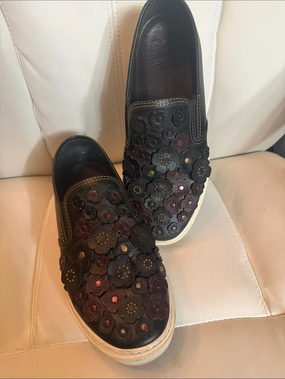 Coach Black Leather Slip-On Loafers with Floral Appliqués